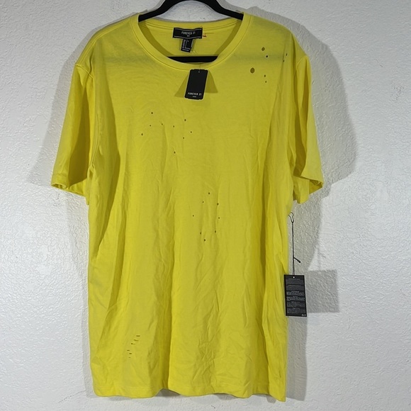 FOREVER 21 MEN Yellow Distressed Cotton Blend T Shirt Size Large New - Picture 1 of 6